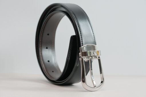 Thắt lưng Montblanc Rounded Trapeze Shiny Palladium-Coated Pin Buckle Leather Belt 118425  – 3cm