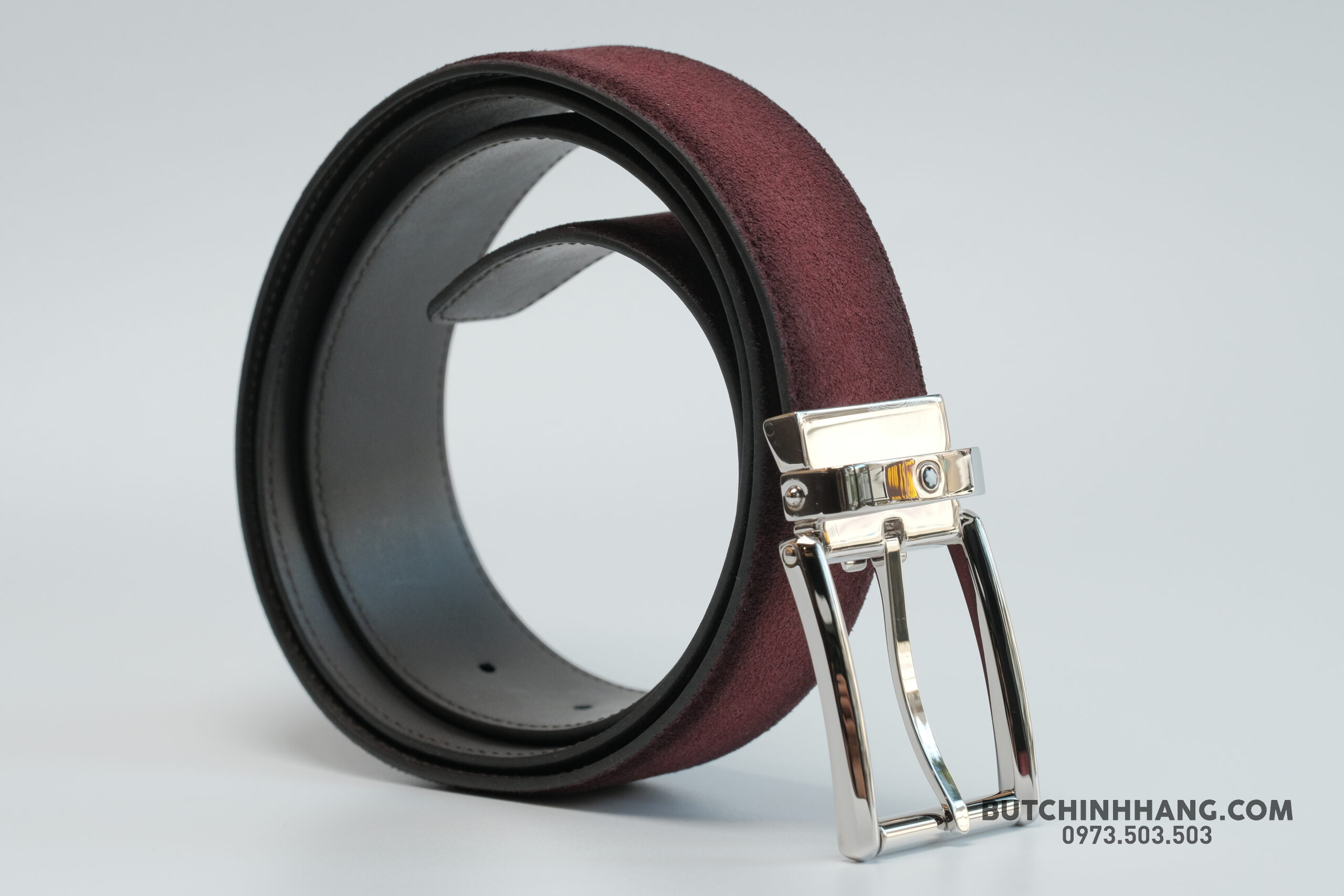 Thắt lưng Belt Casual Line Rect Shiny Pall Pin Buckle Burgundy Sfumato Suede LT Strap 116723 – 3,5cm