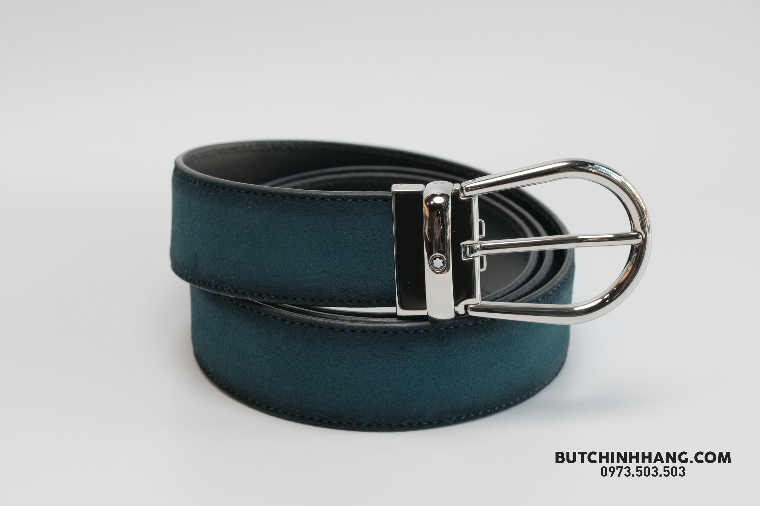 Thắt lưng Belt Casual Line Rounded Horseshoe Shiny Stain Steel Pin Buckle Sfumato Suede Pet Blue 118443 – 3,5cm Thắt lưng Montblanc Mới Nguyên Hộp
