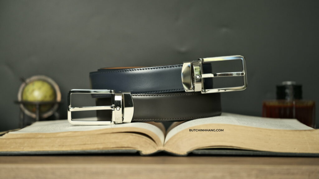 Montblanc Rectangular Shiny Stainless Steel Pin Buckle Brown and Blue Smooth Leather belt set - montblanc rectangular shiny stainless steel pin buckle brown and blue smooth leather