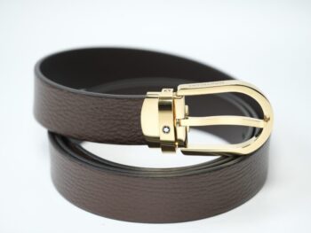 Thắt lưng Montblanc Horseshoe Stainless Steel Shiny Light Gold PVD Finish Pin Buckle Brown Grainy Leather Belt 129423 - 3cm