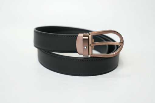 Thắt lưng Montblanc Horeshoe Stainless Steel Malt Bronze PVD Finish Pin Buckle Black Leather 129426 - 3cm