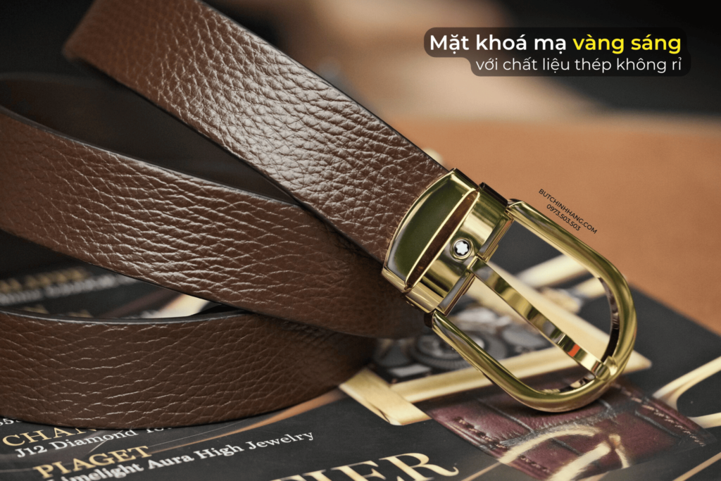 Mặt khoá vàng gold và dây da nâu hạt - Tạo nên mẫu thắt lưng Montblanc 129423 đầy cổ điển - mat khoa vang gold va day da nau hat tao nen mau that lung montblanc 129423 day co dien 1