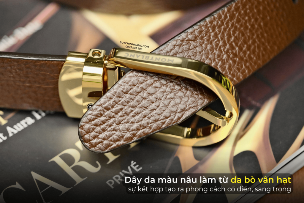 Mặt khoá vàng gold và dây da nâu hạt - Tạo nên mẫu thắt lưng Montblanc 129423 đầy cổ điển - mat khoa vang gold va day da nau hat tao nen mau that lung montblanc 129423 day co dien