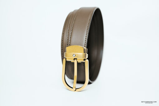 Thắt lưng Montblanc Horseshoe Vintage Gold Pin Buckle Brown Plain Leather Belt 129424 - 3cm - Image 2