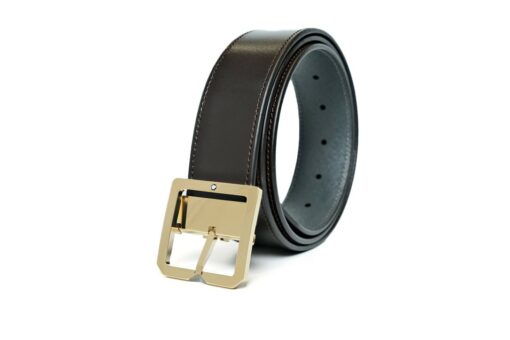 Thắt lưng Montblanc Square Frame Pin Buckle Shiny Light Gold Reversible Dark Brown/Grey Saffiano Belt Leather 131165 - 4cm - Image 2
