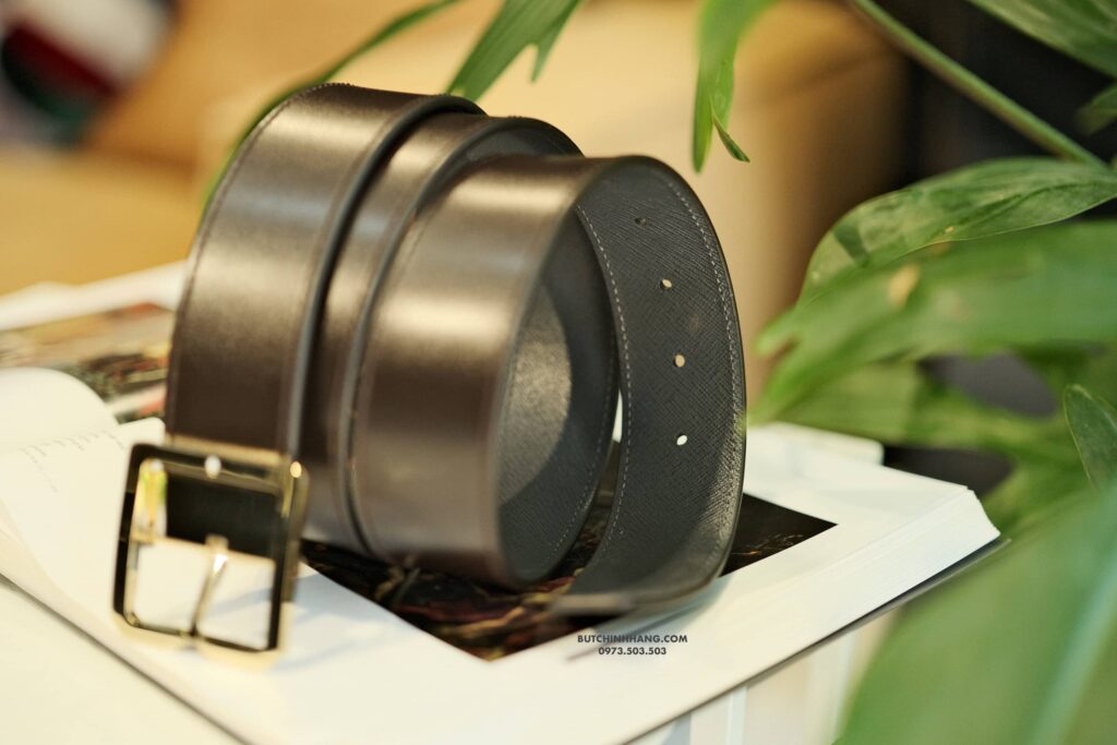 Thắt lưng Montblanc Square Frame Pin Buckle Shiny Light Gold Reversible Dark Brown/Grey Saffiano Belt Leather 131165 - 4cm - that lung montblanc square frame pin buckle shiny light gold reversible dark browngrey saffiano belt leather 131165 4cm 5